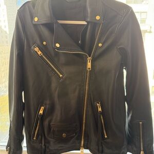 All Saints Black Leather Jacket with Gold Details